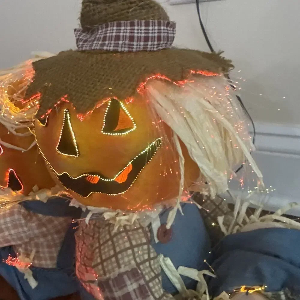 Gemmy Halloween Couple Sitting Fiber Optic Lights Yellow Scarecrow Pumpkin